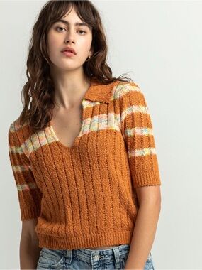 Free People Billie Ribbed V-Neck Top in Burnt Orange with Multicolor Stripes